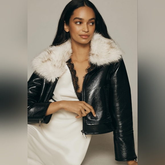 UNREAL FUR Wet Look Black Moto Jacket-NWT-SzM. NWOT- high end boutique/ PATENT - Picture 2 of 10